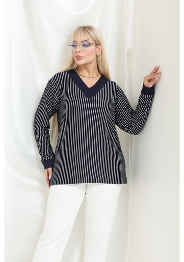 Bambu Viskon V Yaka Uzun Kollu Bluz Rahat Kalıp, Büyük Beden Xl 6xl Lacivert