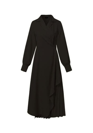 Novahub Kadınlar Zarif Elbise Pileli Yaka Uzun Kollu Düz Renk Asimetrik Hem Örgün İş Ayak Bileği Uzunluğu Balo Ziyafet Örgün Durum Maxi Elbise Siyah - S Siyah