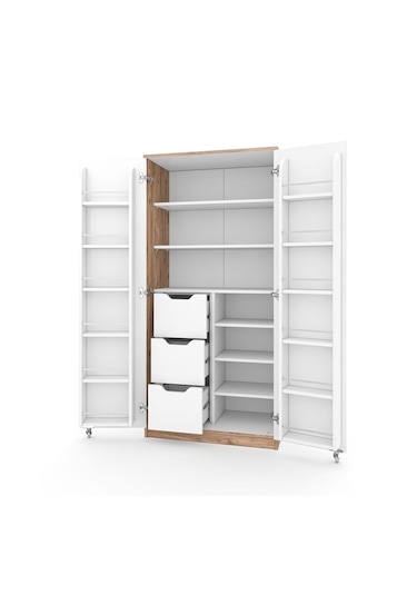 165 Derece Açılabilir 2 Kapaklı, 3 Çekmeceli, Kavanoz Raflı Kiler Ve Erzak Mutfak Dolabı Atlantik Çam Beyaz