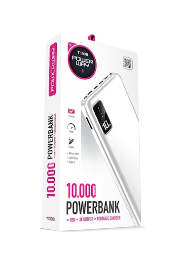 Powerway TX109 10.000 mAh Kablolu Dijital Göstergeli Dahili Stand Powerbank Beyaz