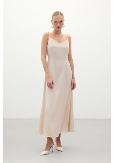 Sateen Askılı Uzun Saten Elbise - Bej-136325 Bej