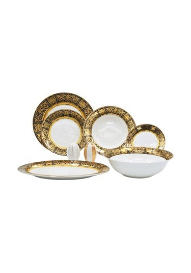 Lucky Art Verna Bone China Porselen Gold&siyah Desen Detaylı Klasik Yemek Takımı 67 Parça-103998 Süt Beyazı