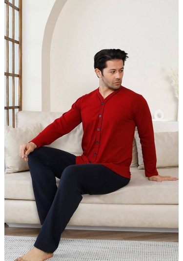 Erkek V Yaka Önden Düğmeli Pamuk Likra Mevsimlik Uzun Kol Cepli Pijama Takımı Bordo
