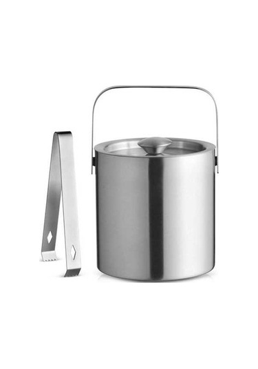 Pazly Paslanmaz Çelik Buz Kovası, Yuvarlak Çift Katmanlı, Maşa Kapaklı, Gümüş, Mutfak Soğutucu, Buz Küpü Konteyner Gümüş