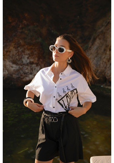 Kadın Kısa Kollu Baskı Detaylı Gömlek Frn6005 Beyaz