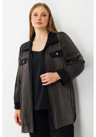 Moda İlgi Kadın Büyük Beden Cep Kapaklı Desenli İkili Takım 0303 Siyah Siyah