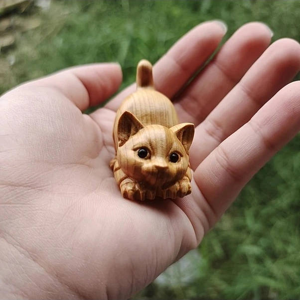Trendooze Şirin El Yapımı Ahşap Kedi Heykeli - Ev & Ofis Dekoru, Güneşli022 Kedi
