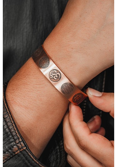 Erkek Bakır Bileklik - Yaşam Çiçeği - Lotus - Sri Yantra - Om Sembolü - Erkek Bakır Kelepçe Bileklik Rose Gold