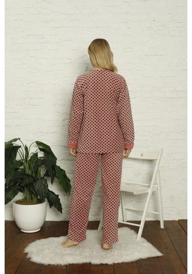 Kadın Puantiyeli Alt Polar Üst Kışlık Pijama Takımı 02129 Mint Yeşil