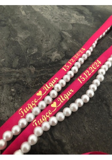 Dökülen İncili Isimli Yüzük Kurdelesi Söz Kurdelesi Fuşya