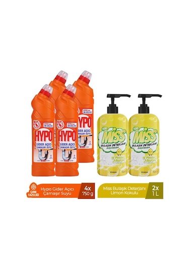 Hypo Gider Açıcı Çamaşır Suyu Çam Tazeliği 750 Gr X 4 + Miss Bulaşık Deterjanı Limon 1 L X2 6'lı Set