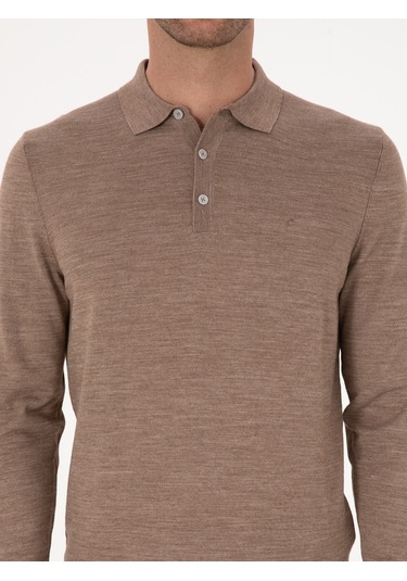 Cacharel Vizon Slim Fit Yün Karışımlı Polo Yaka Basic Triko Kazak Kahverengi
