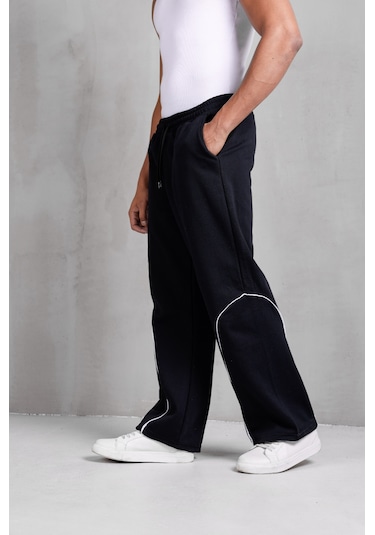 Dark Moda Erkek Oval Şeritli Baggy Eşofman Siyah