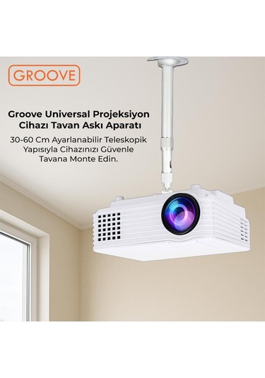 Vankyo Groove 30-60cm Alüminyum Projeksiyon Cihazı Tavan Askı Aparatı Duvar Bağlantı Aparatı Universal Projector Beyaz 360 Dönebilen Tripod Yuvalı