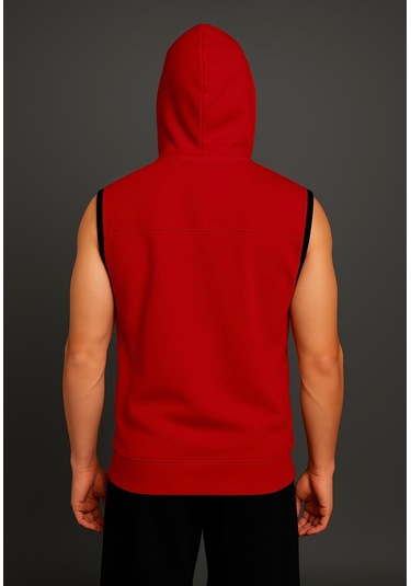 Axxel Erkek Kırmızı Fermuarlı Kapüşonlu Kanguru Cepli Kolsuz İnterlok Yelek-y1142 Kırmızı