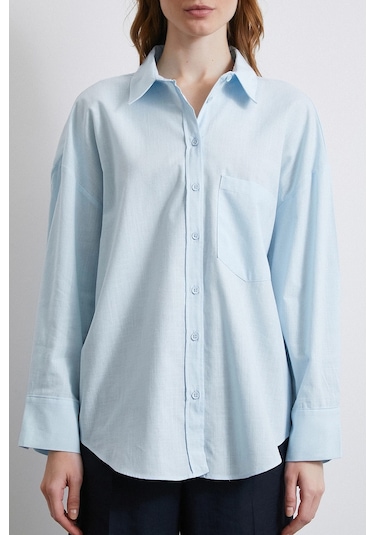 Keten Karışımlı Oversize Gömlek Mavi Mavi