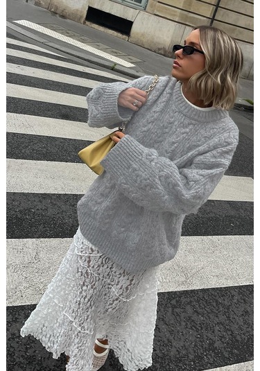 Madmext Gri Bisiklet Yaka Örme Triko Kazak Mg2009 Gri