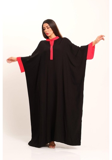 Kadın Siyah Sırtı Otantik Nakışlı Yarasa Kol Oversize Uzun Elbise - Sıyah Siyah