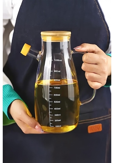 Bambu Kapaklı Borosilikat Cam Yağlık Yağdanlık 1000 Ml