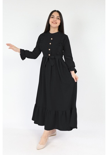 Kiz Cocuk Elbise Aerobin Keten Kumaş Tesettüre Uygun Uzun Boydan Cocuk Elbise Siyah