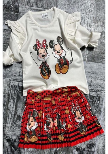 Riccotarz Kız Çocuk Omzu Fırfırlı Mickey Ve Minnie Baskılı Beyaz Bluz Etekli Takım 001