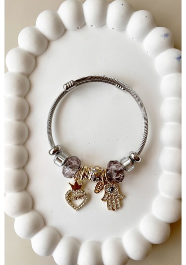 8027 Queen Tacı Sallantılı Çelik Bileklik - Koyu Çelik