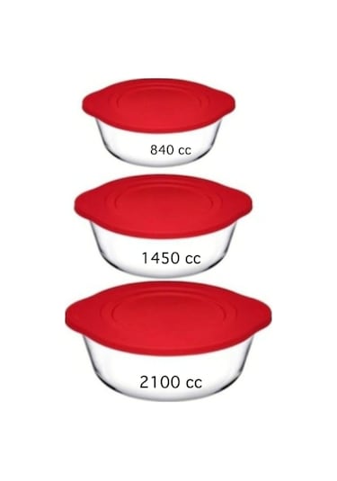 3'lü Borcam Kırmızı Kapaklı Saklama Kabı Seti 2100cc 1450cc 840cc Kapaklı Tencere Çeyiz Seti