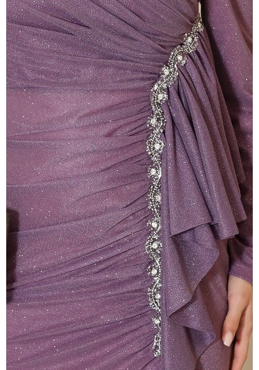 Parıltılı Fırfır Detaylı Zühre Tesettür Abiye Lavanta