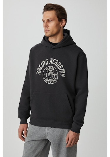 Grimelange Edgar Erkek Yumuşacık Kapüşonlu Oversize Antrasit Sweatshirt