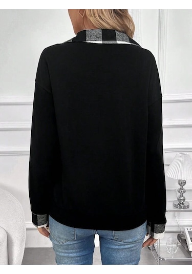 Reka Moda Kadın Uzun Kollu Yakalı Önden Fermuarlı Ekose Detaylı Viskon Iki Iplik Bluz Siyah