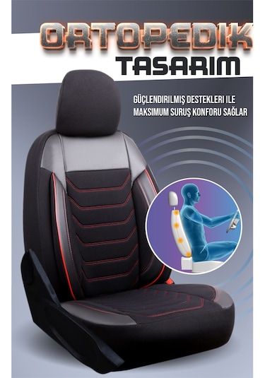 Renault Megane 2 Station Wagon Uyumlu Lüx Deri Detaylı Oto Koltuk Kılıfı Ön Arka Takım Carbon Siyah Kırmızı