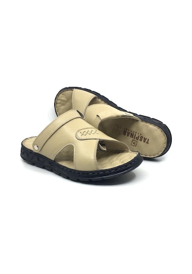 Taşpınar 303 %100 Hakiki Deri Ortopedik Erkek Yazlık Rahat Terlik Sandalet 40-45 Bej