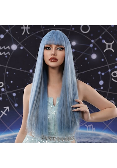 Mavi Uzun Düz Saç Kaküllü Peruk Yumuşak Ve Rüya Gibi Kadın Peruk Sentetik Peruk Doğal Alabilir Isıya Peruk Kaynak Çıtçıt 58638774