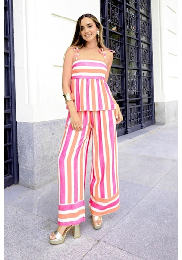 Lolipop Pastel Çizgili Beli Bol Salaş Askılı Rengarenk Yazlık Tatil Pantolon Bluz Takım Pembe