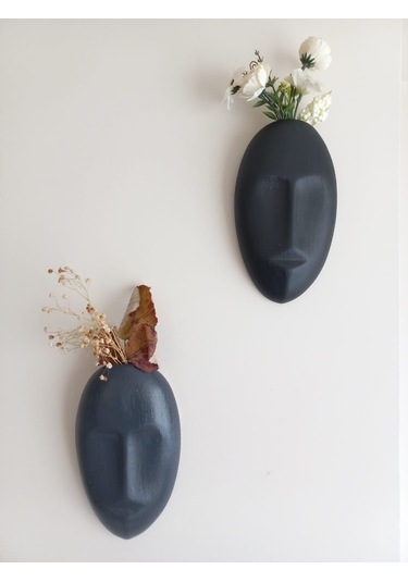 Dekoratif 2'li Yüz Duvar Vazosu, Duvar Süsü ,heykel Aksesuar Siyah Antrasit