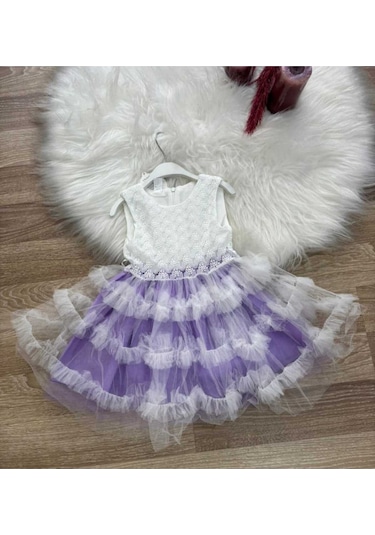 Kız Çocuk Güpür Tül Detaylı Pembe Mor Kat Kat Prenses Elbise Mor