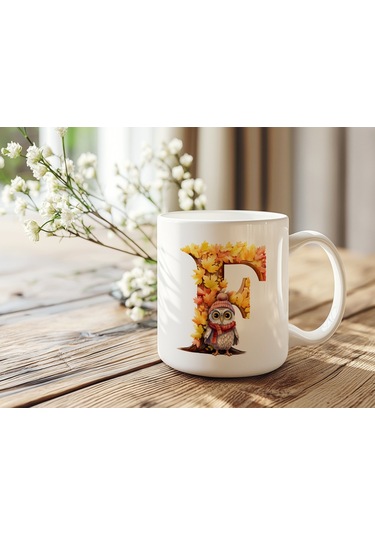 F Harf Sonbahar Yaprak Temalı Kupa Bardak - Sevimli Figürler İle Alfabe Harfli Bardak - Kişiye Özel Beyaz