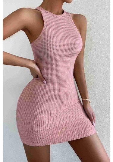 Merry See Vücuda Oturan Diz Üstü Mini Örme Elbise Pembe 001