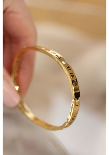 316l Çelik Roma Rakamlı Gold Renk Bilezik Kelepçe Gold