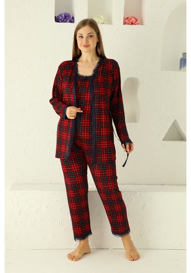 Sabahlıklı Dantel Detaylı Pegasus Kadın Pijama Takımı-çeyizlik Takım- Geniş Beden Aralığı Kırmızı