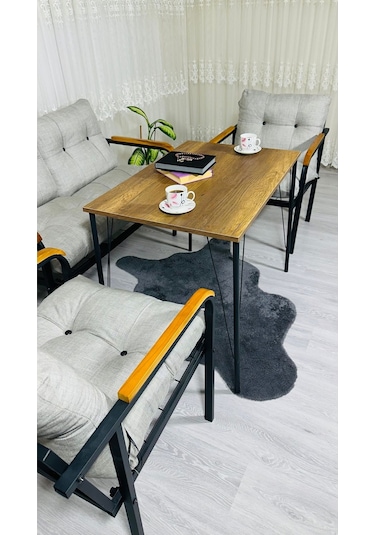 Madame Home Kadife Balkon, Bahçe,teras,cafe - Salon - Metal Kanepe Koltuk Takımı - 2+1+1 + Masa Açık Gri