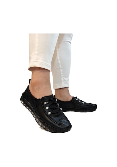 Voyager 9871 Siyah Hakiki Deri Boncuklu Bayan Ayakkabı Siyah