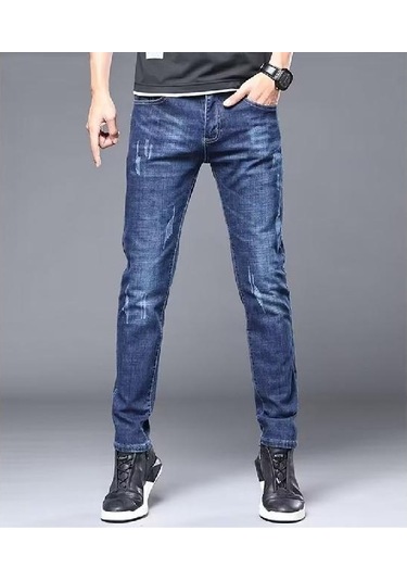 Kot Erkek Yaz Streç Tüm Eşleşen Dar Kesim Pantolon İş Rahat Tüm Maç Uzun Pantolon Dar Kesim Düz Bacak Pantolon Erkek Mavi