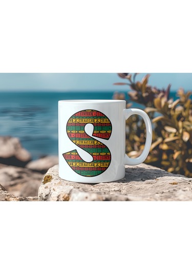 S Harfi Etnik Desenli Kupa - Afrika Tarzı Kahve Çay Kupası - Hediyelik - Black History Beyaz