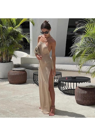 Örme Transparan Maxi Yırtmaçlı Bodycon Zarif Plaj Elbisesi Bej