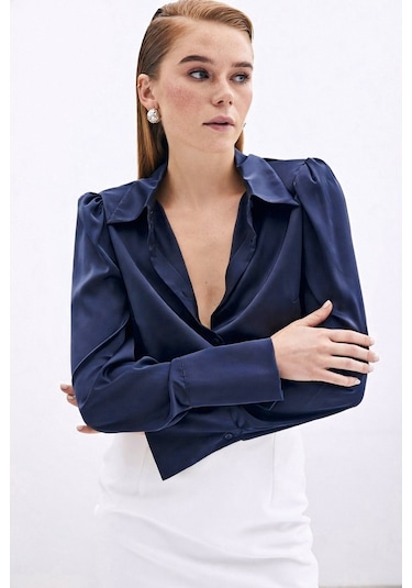 Sateen Vatkalı Saten Gömlek - Lacivert-136729 Lacivert