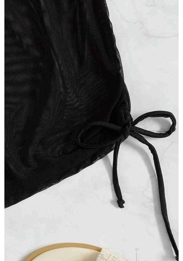 Tül Plaj Şortu Pareo Cover Up Kimono Siyah