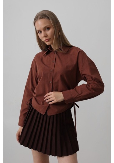 Yanları Bağlamalı Basic Gömlek - Koyu Kahve Kahve