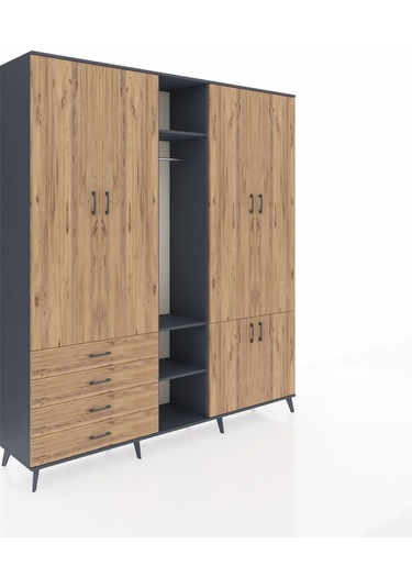 Hyperion Dolap 14 Raflı 4 Çekmeceli Tek Askılı 220x44x243 Antrasit-çam/çam Atlas Çam/atlas Çam