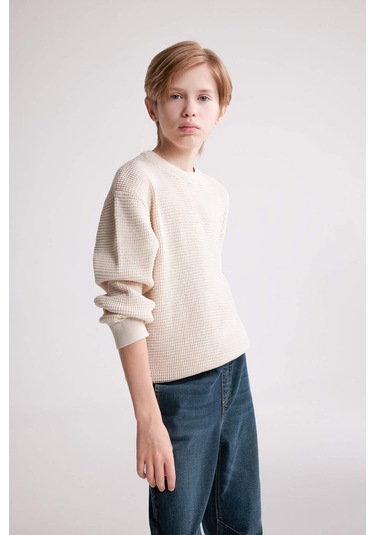 DeFacto Erkek Çocuk Bisiklet Yaka Basic Düz Triko Kazak C2270A824WNER233 Ekru